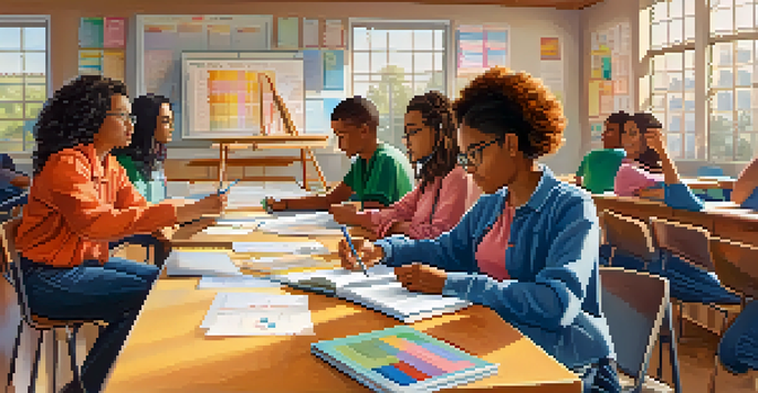 A classroom filled with diverse high school students learning about financial literacy from a teacher, with charts and sunlight creating a warm atmosphere.