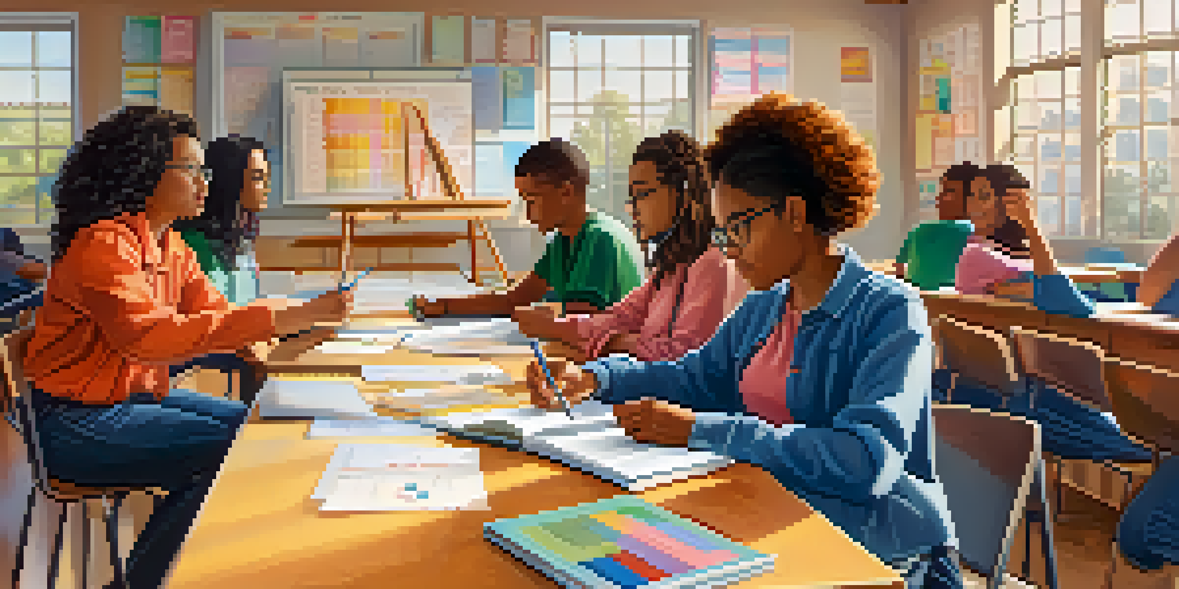 A classroom filled with diverse high school students learning about financial literacy from a teacher, with charts and sunlight creating a warm atmosphere.
