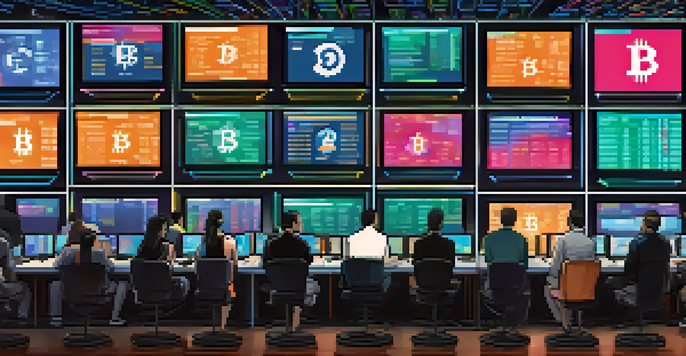 A busy cryptocurrency trading floor with traders watching screens showing fluctuating prices and market graphs.