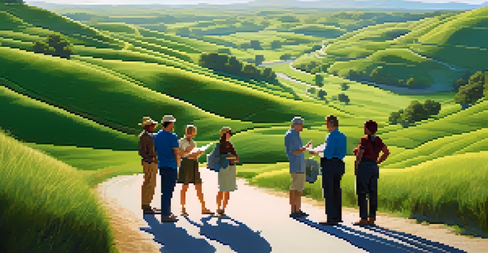 A group of people discussing travel plans with a map, surrounded by rolling green hills and a bright blue sky.