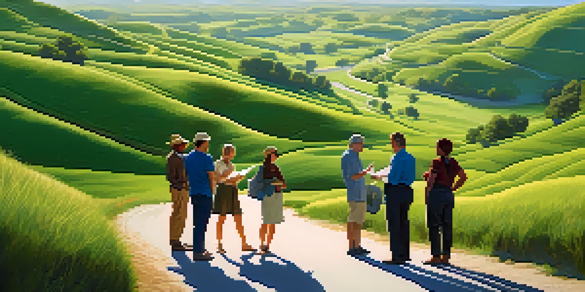 A group of people discussing travel plans with a map, surrounded by rolling green hills and a bright blue sky.