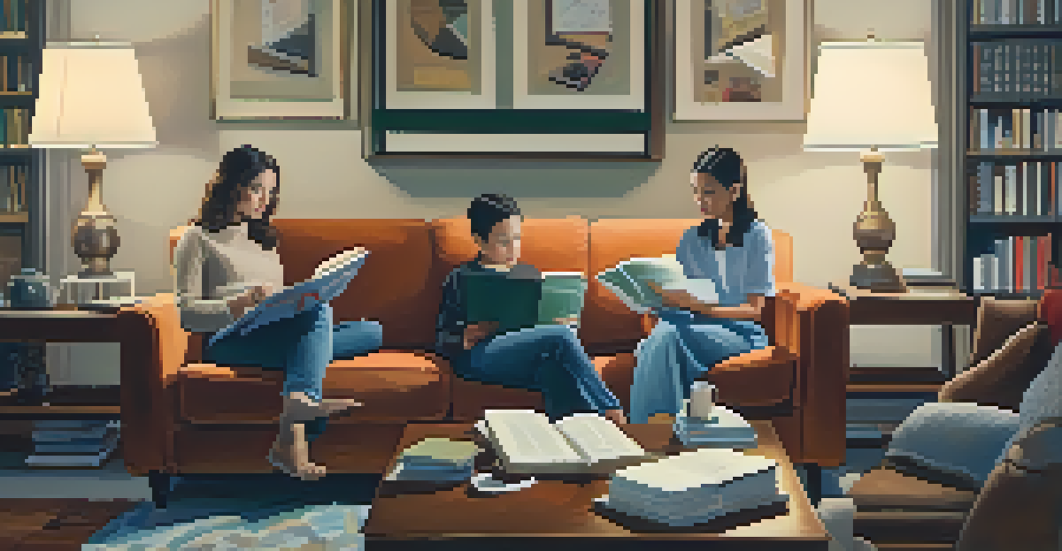 A family gathered on a couch reading books about personal finance, surrounded by financial literature and a notebook.