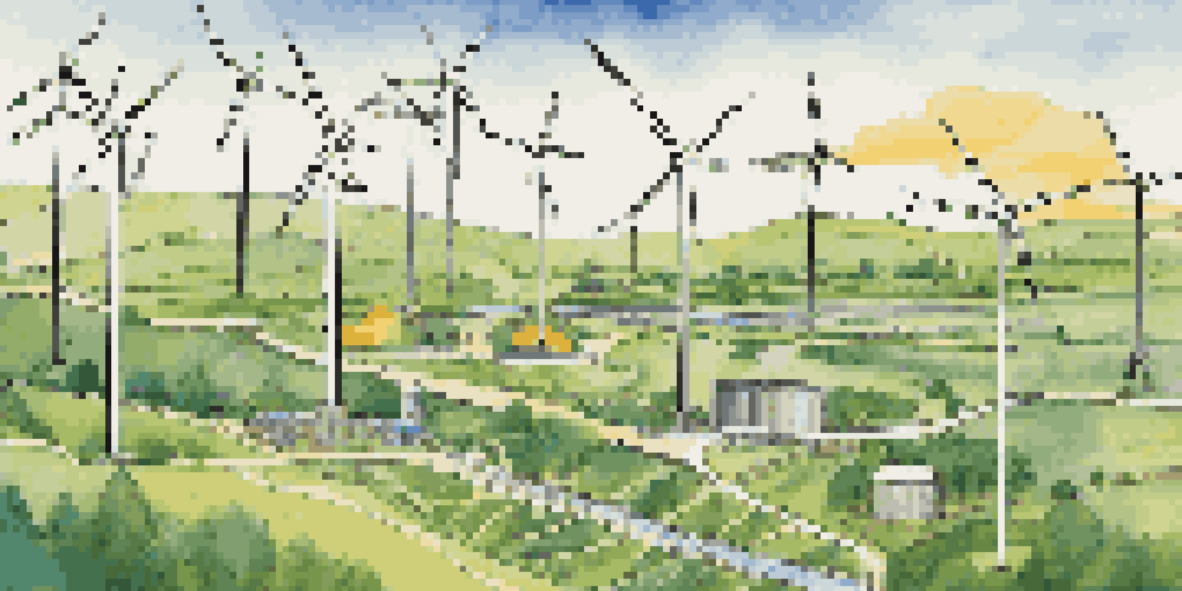 An infographic showing the renewable energy value chain, featuring icons for wind turbines, solar panels, and power lines in a circular arrangement with green and blue colors.