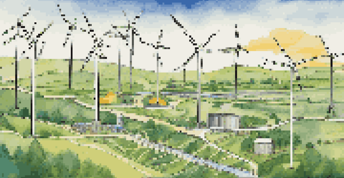 An infographic showing the renewable energy value chain, featuring icons for wind turbines, solar panels, and power lines in a circular arrangement with green and blue colors.