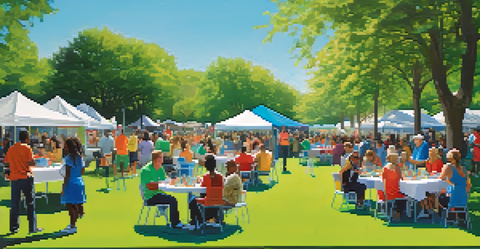 A diverse group of people participating in a community fundraising event in a sunny park, surrounded by colorful banners and donation boxes.