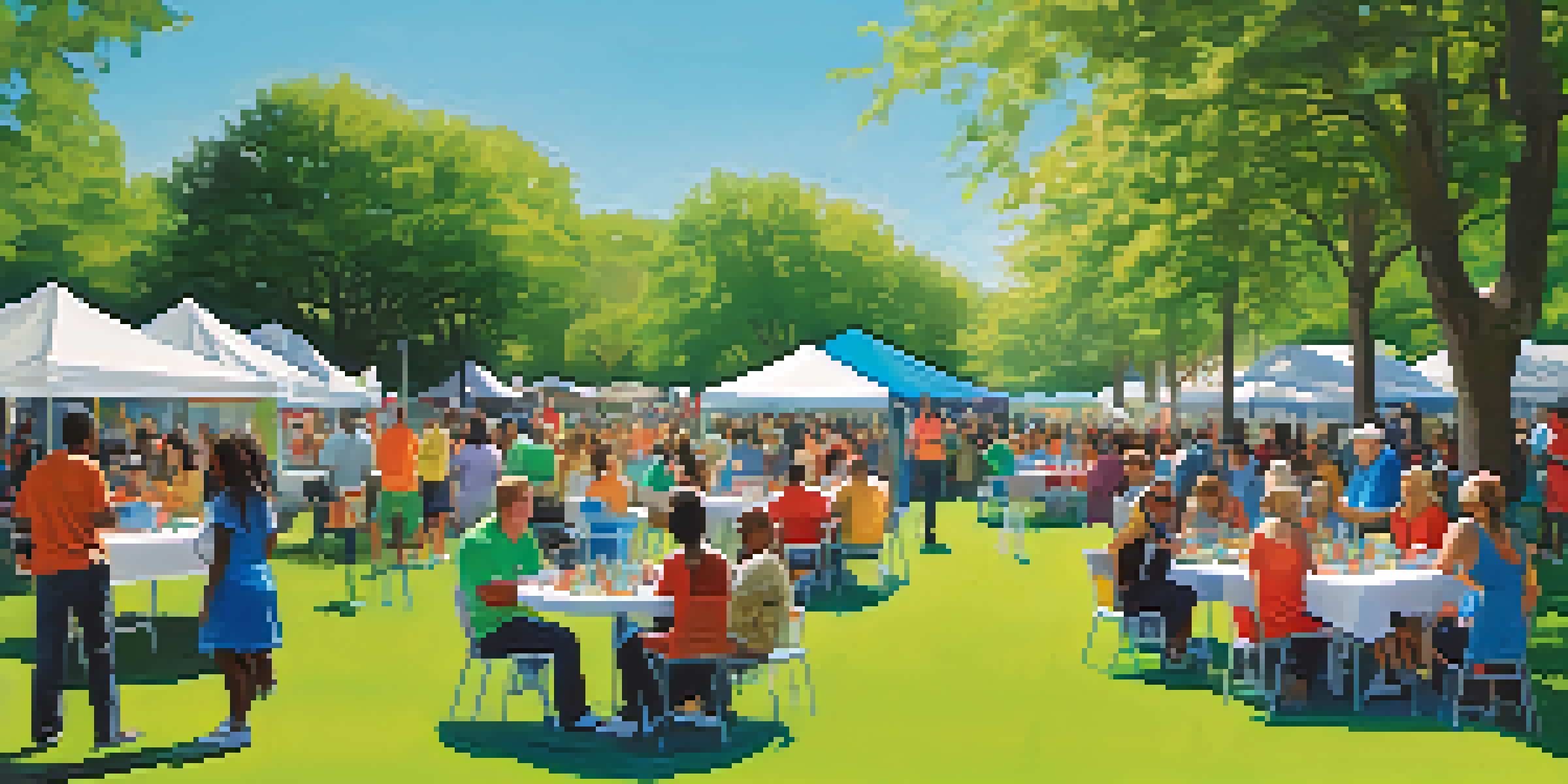A diverse group of people participating in a community fundraising event in a sunny park, surrounded by colorful banners and donation boxes.