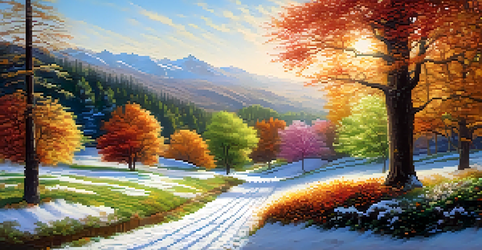 A landscape showing the four seasons: winter, spring, summer, and autumn, with a warm sunlight illuminating the vibrant colors of each season.