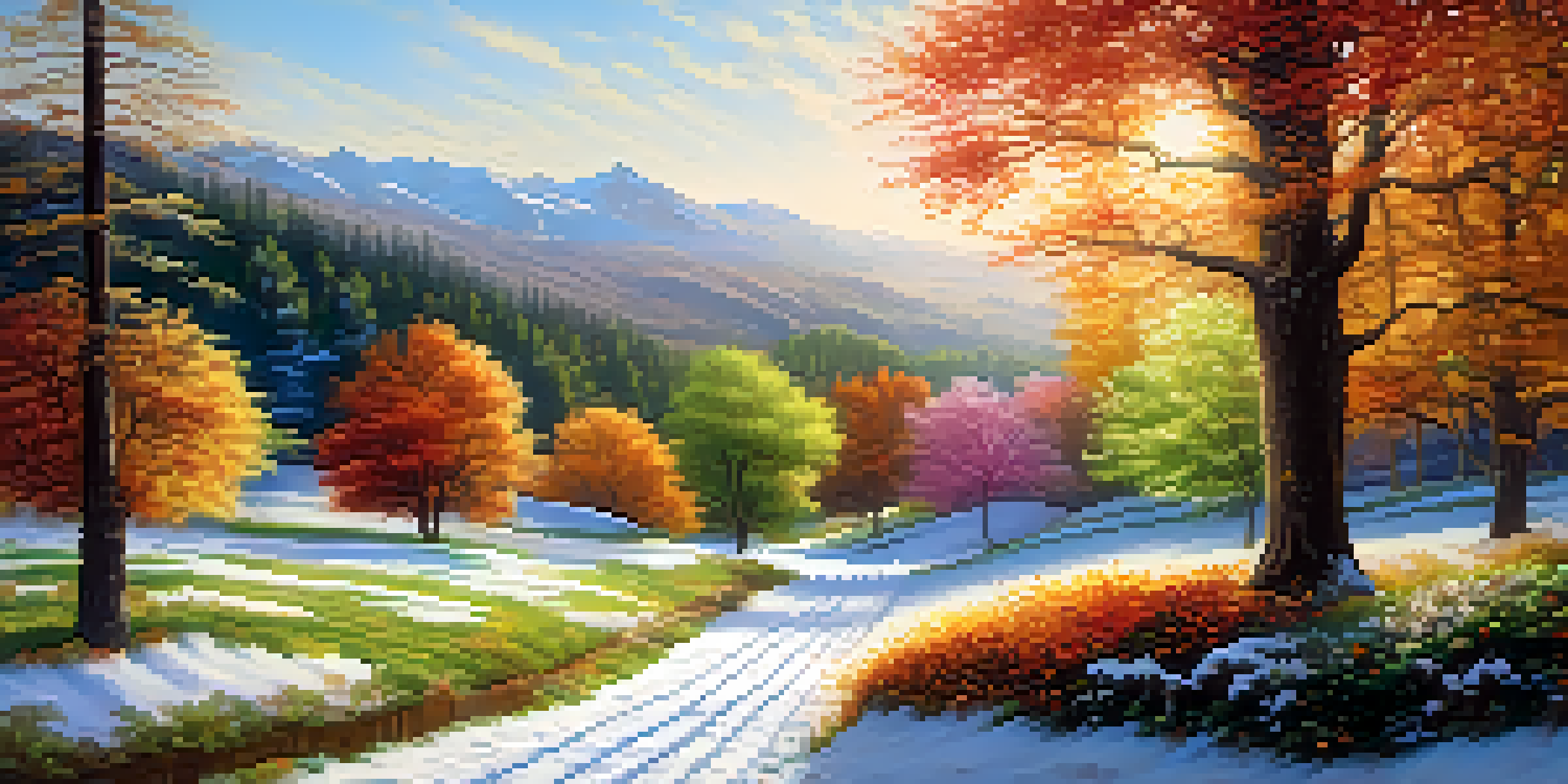 A landscape showing the four seasons: winter, spring, summer, and autumn, with a warm sunlight illuminating the vibrant colors of each season.
