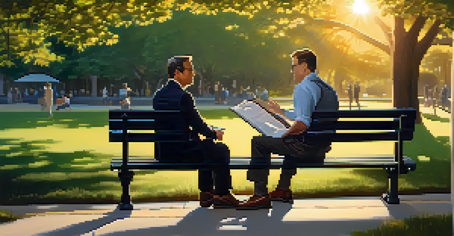 A financial advisor discussing investments with a couple in a park during sunset.