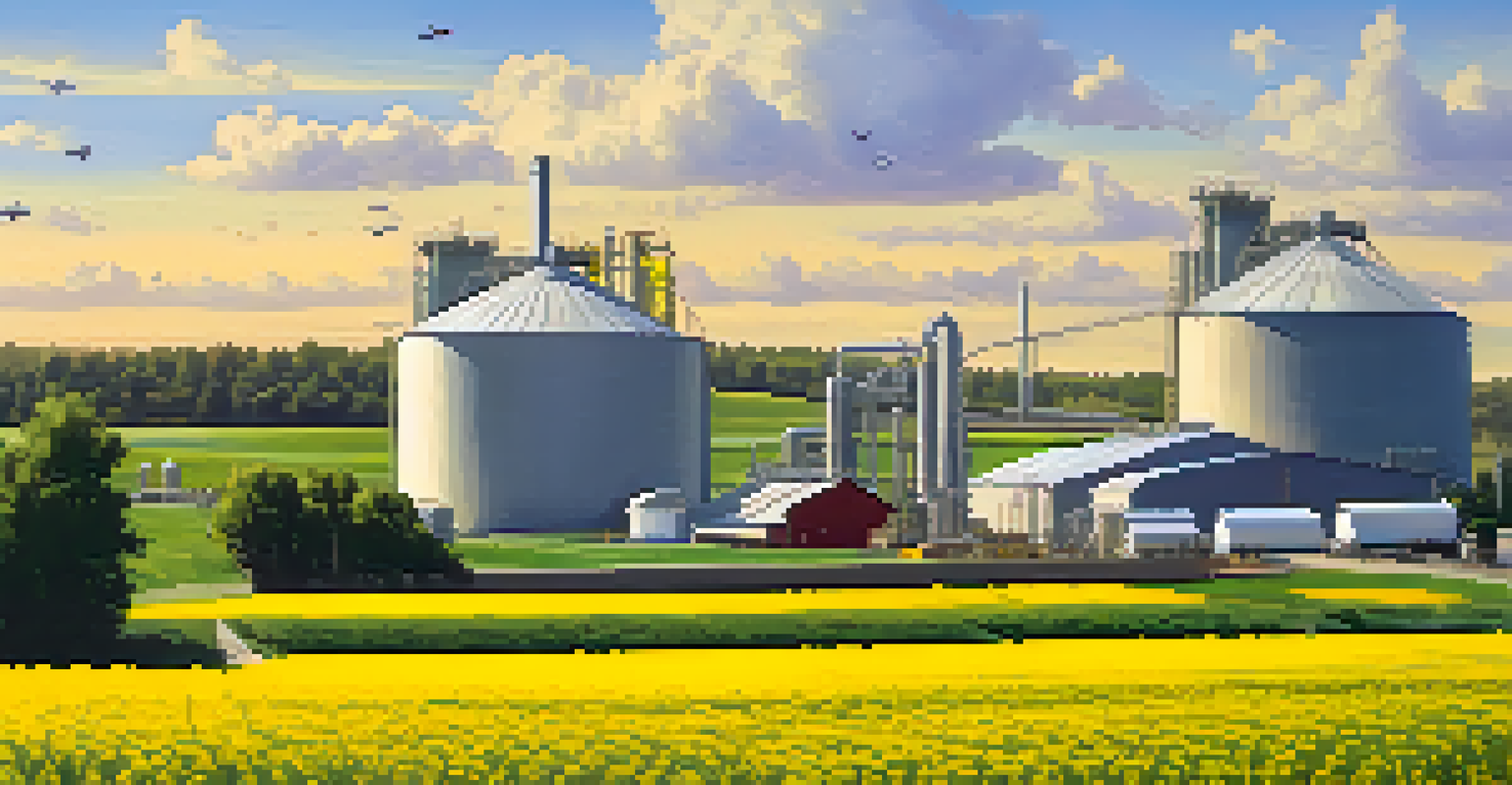 A field of canola flowers in front of a modern biofuel processing facility, with bees and butterflies visible.