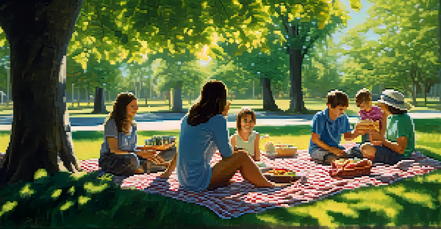 A joyful family picnic in a park, representing unity and connection, with sunlight filtering through the trees.