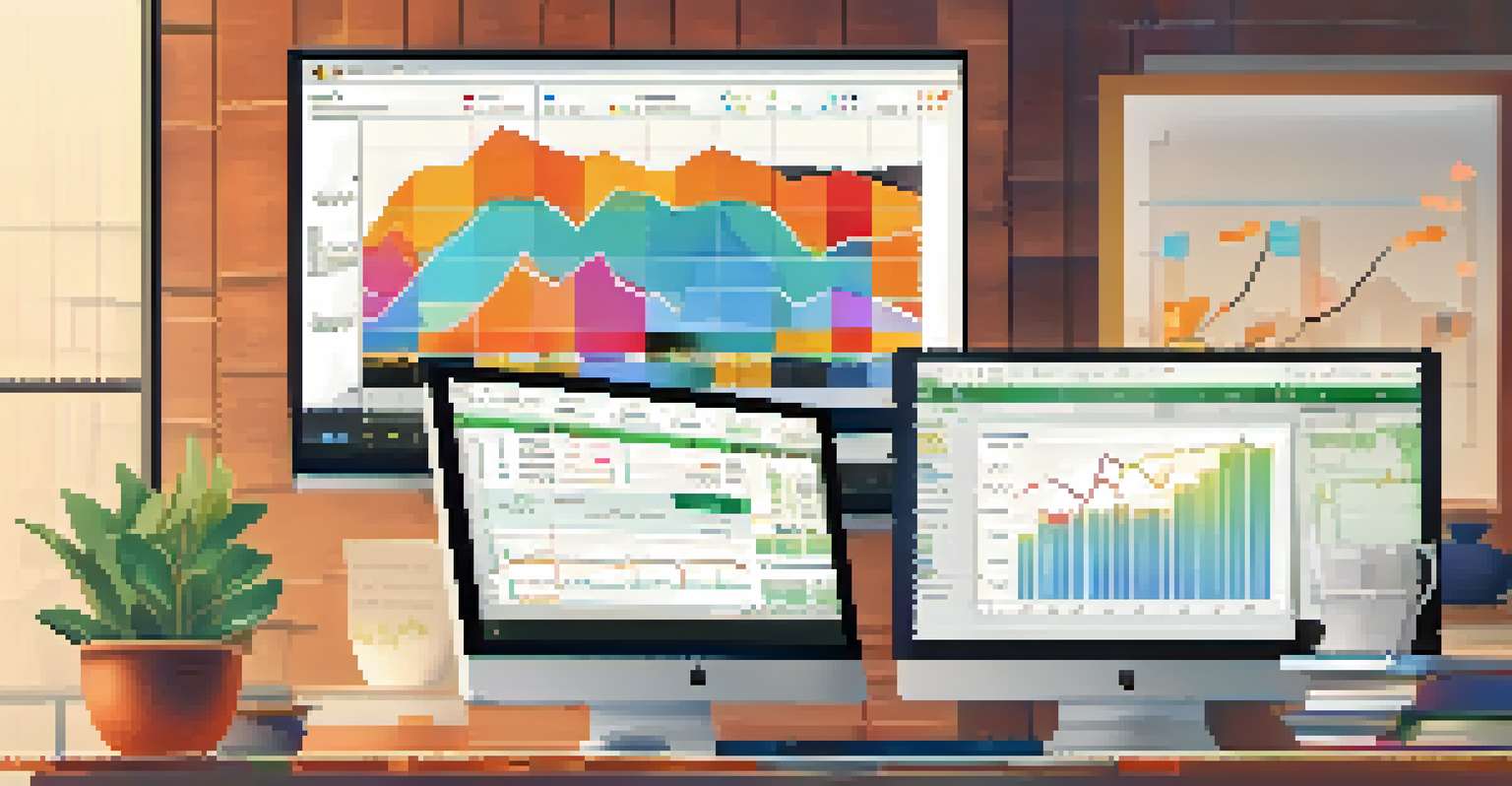 A computer screen showing colorful graphs and charts related to investment tracking in a cozy workspace.
