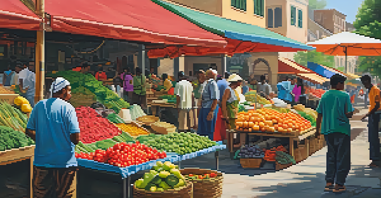 A lively outdoor market with vendors selling fresh produce and handmade items, showcasing a diverse community atmosphere.