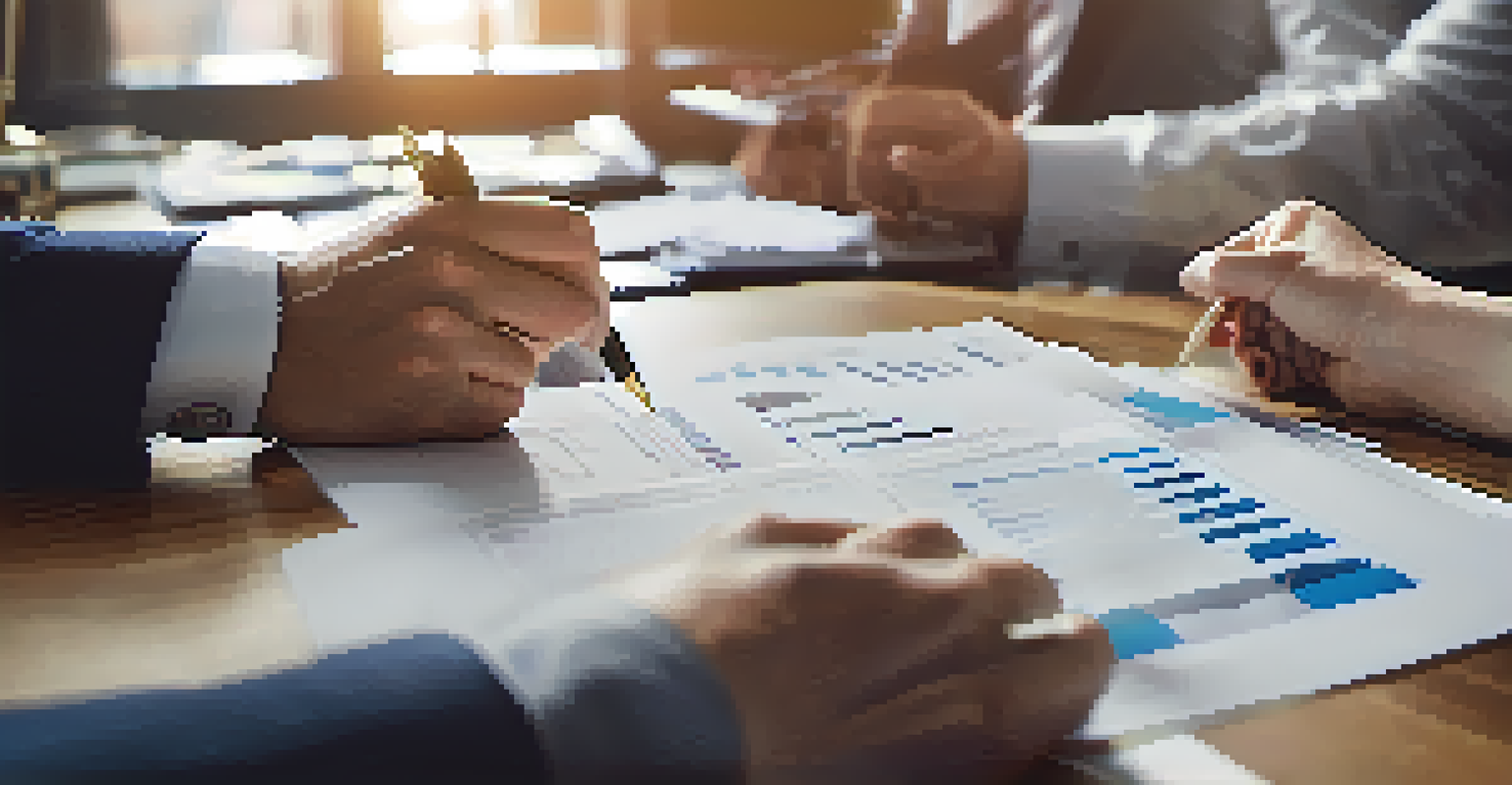 A financial advisor's hands pointing at charts and numbers on a document, with a blurred office background, conveying professionalism.