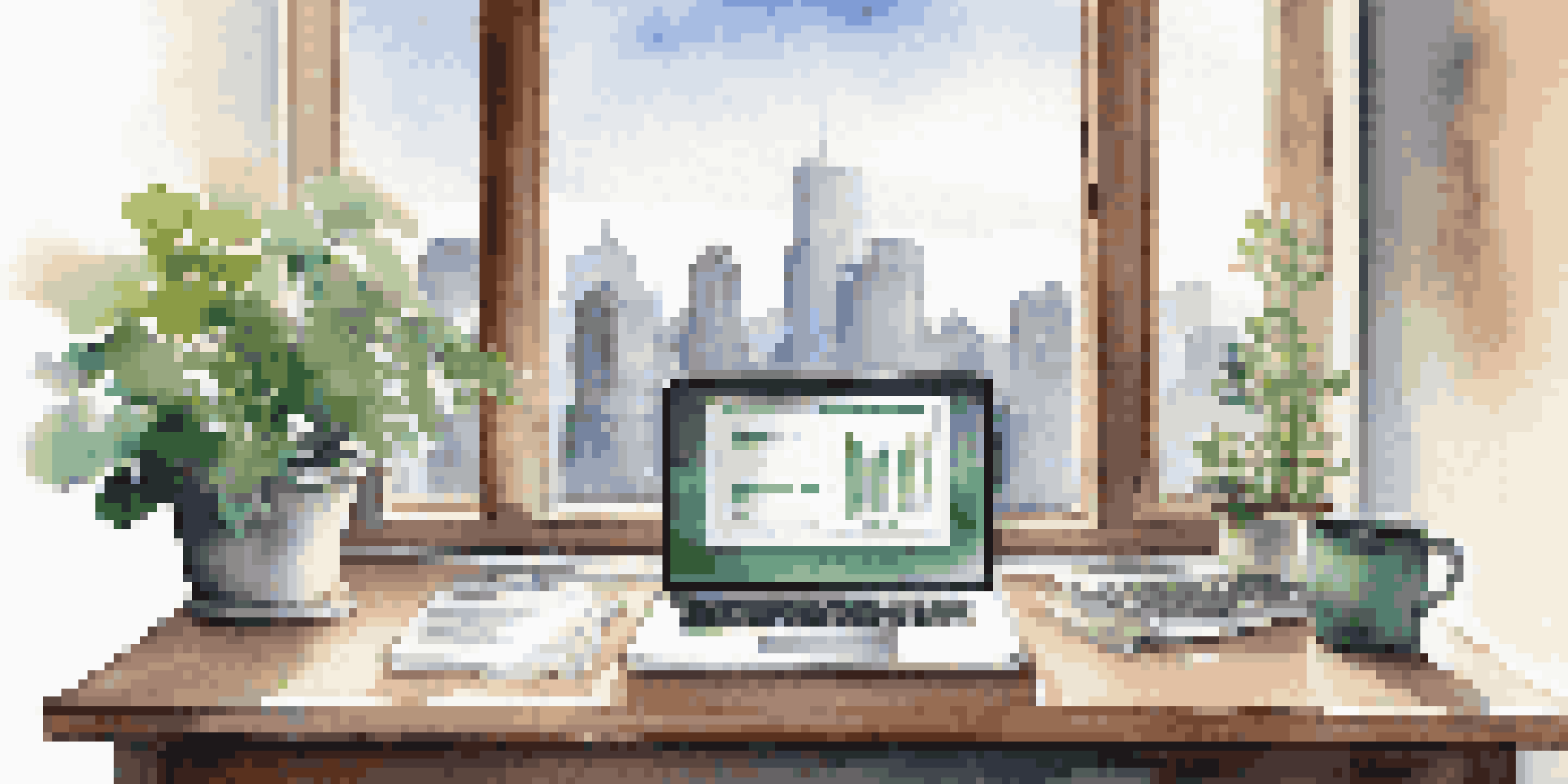 A peaceful office desk with a laptop, financial documents, and a plant, illuminated by natural light with a city skyline in the background.