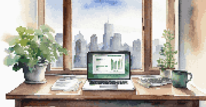 A peaceful office desk with a laptop, financial documents, and a plant, illuminated by natural light with a city skyline in the background.