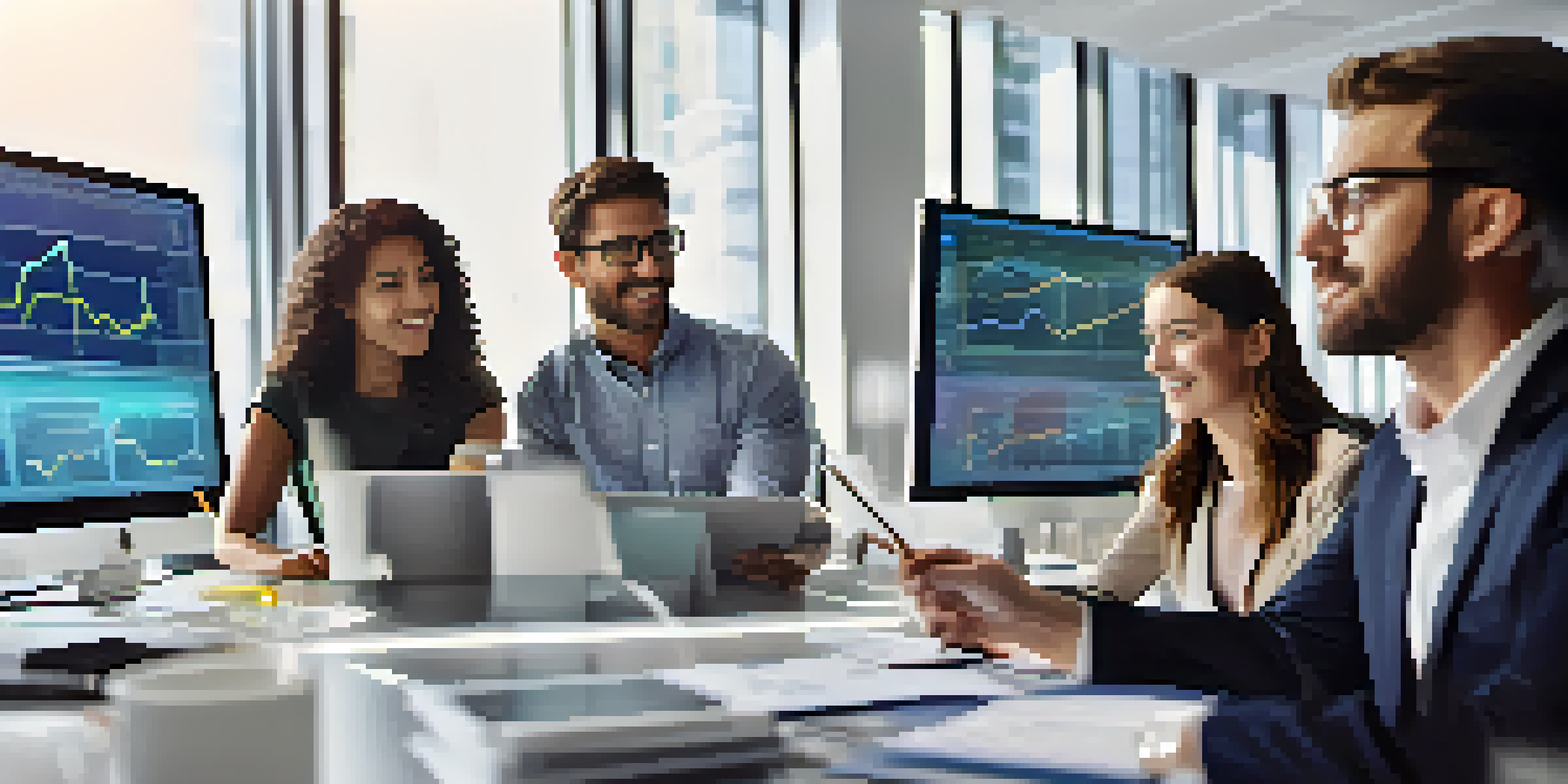 A diverse group of employees discussing stock performance in a modern office with a digital screen.