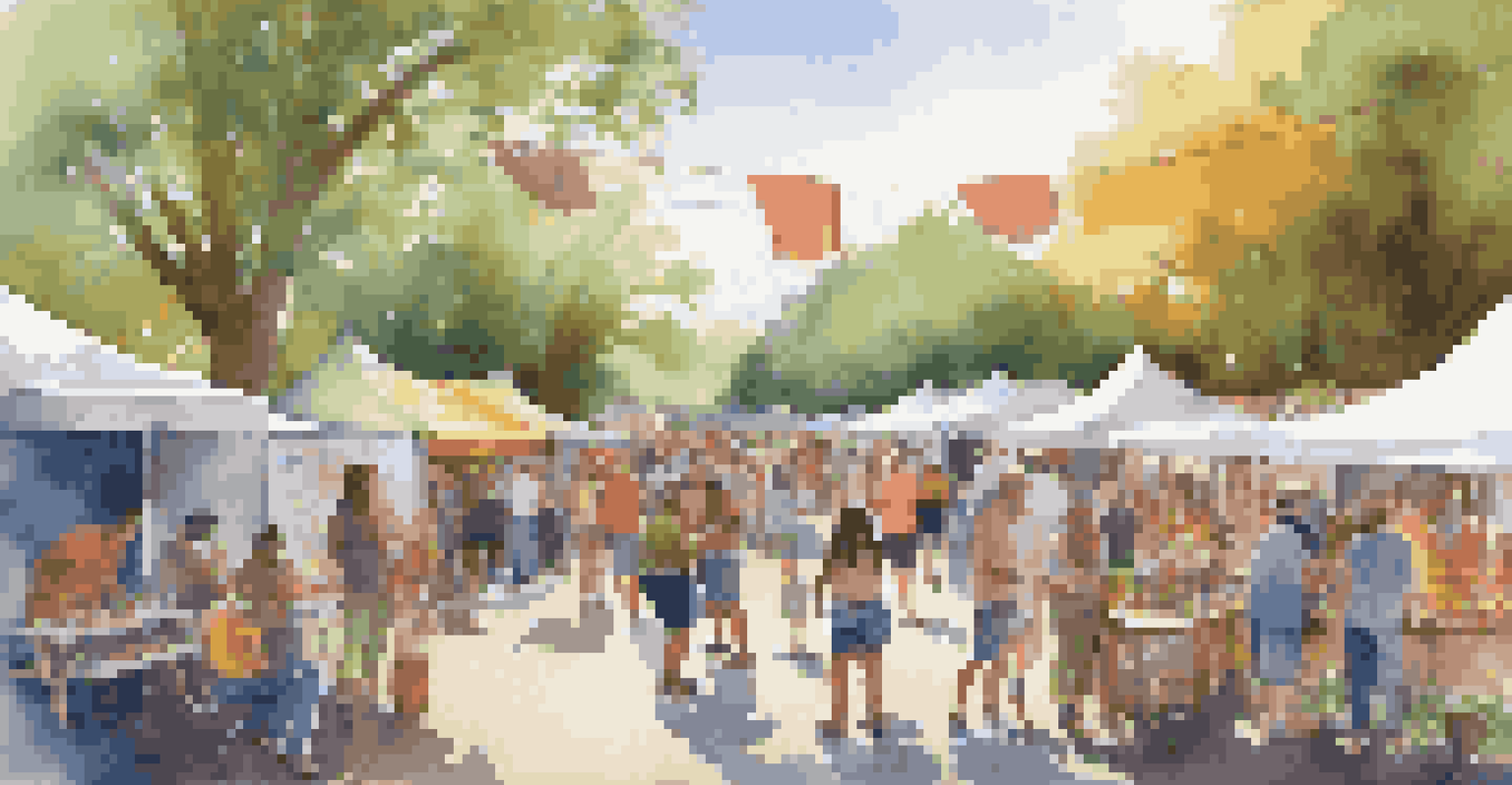 A lively community art festival with local artists painting and displaying their work, surrounded by colorful tents and engaged attendees in a sunny, green setting.