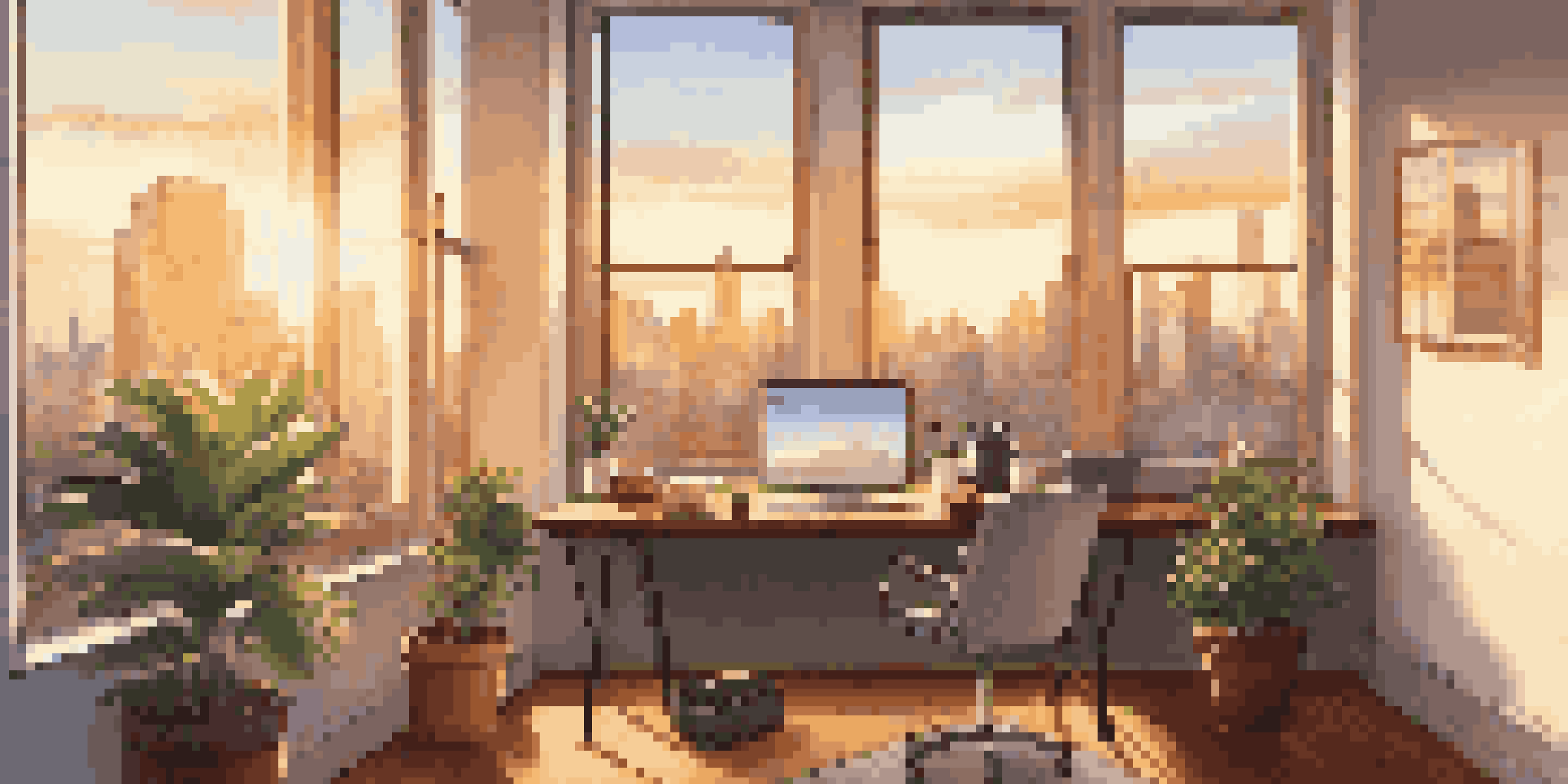 An office with a sunset view, featuring a desk with a laptop and a coffee cup, and a potted plant on the windowsill.