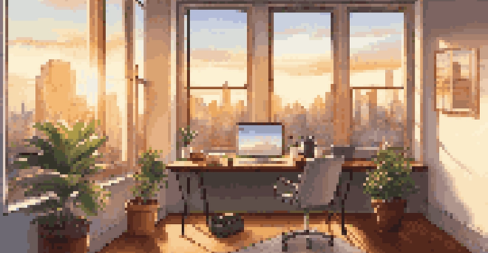 An office with a sunset view, featuring a desk with a laptop and a coffee cup, and a potted plant on the windowsill.