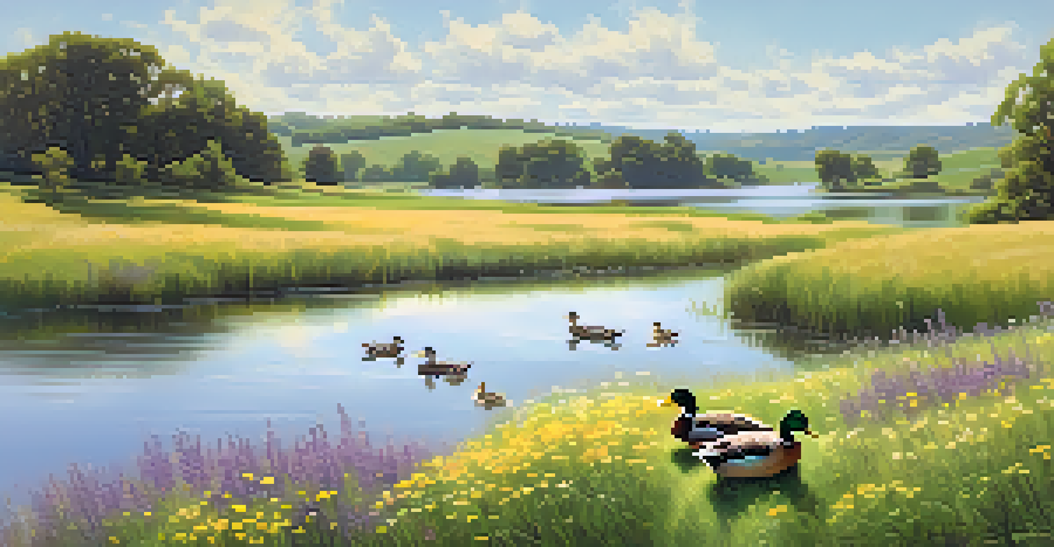 A peaceful landscape with rolling hills, a calm river reflecting the sky, and wildflowers along the banks.