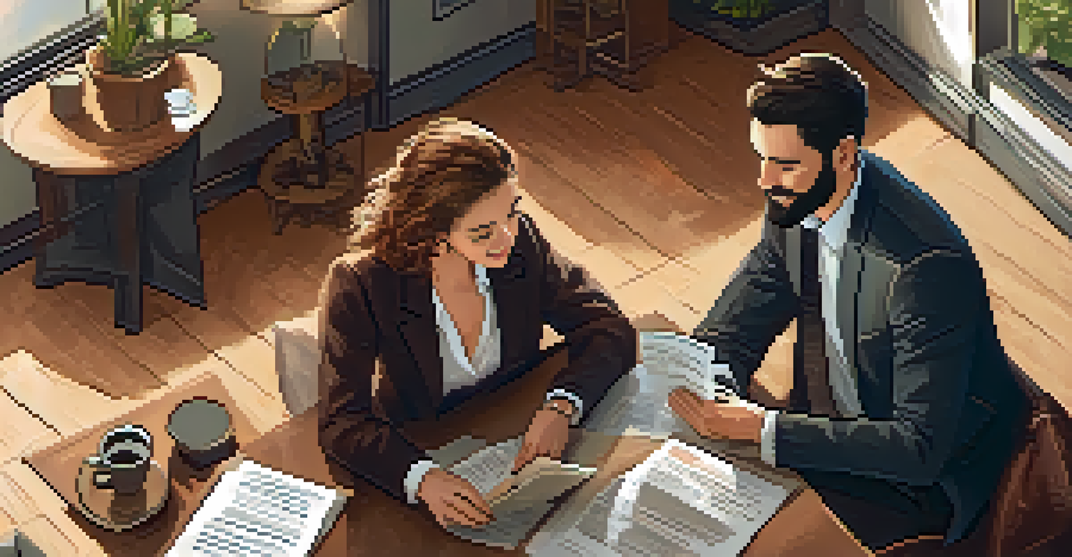 A couple meeting with a financial advisor in a coffee shop, surrounded by financial documents and laptops. The atmosphere is warm and inviting.