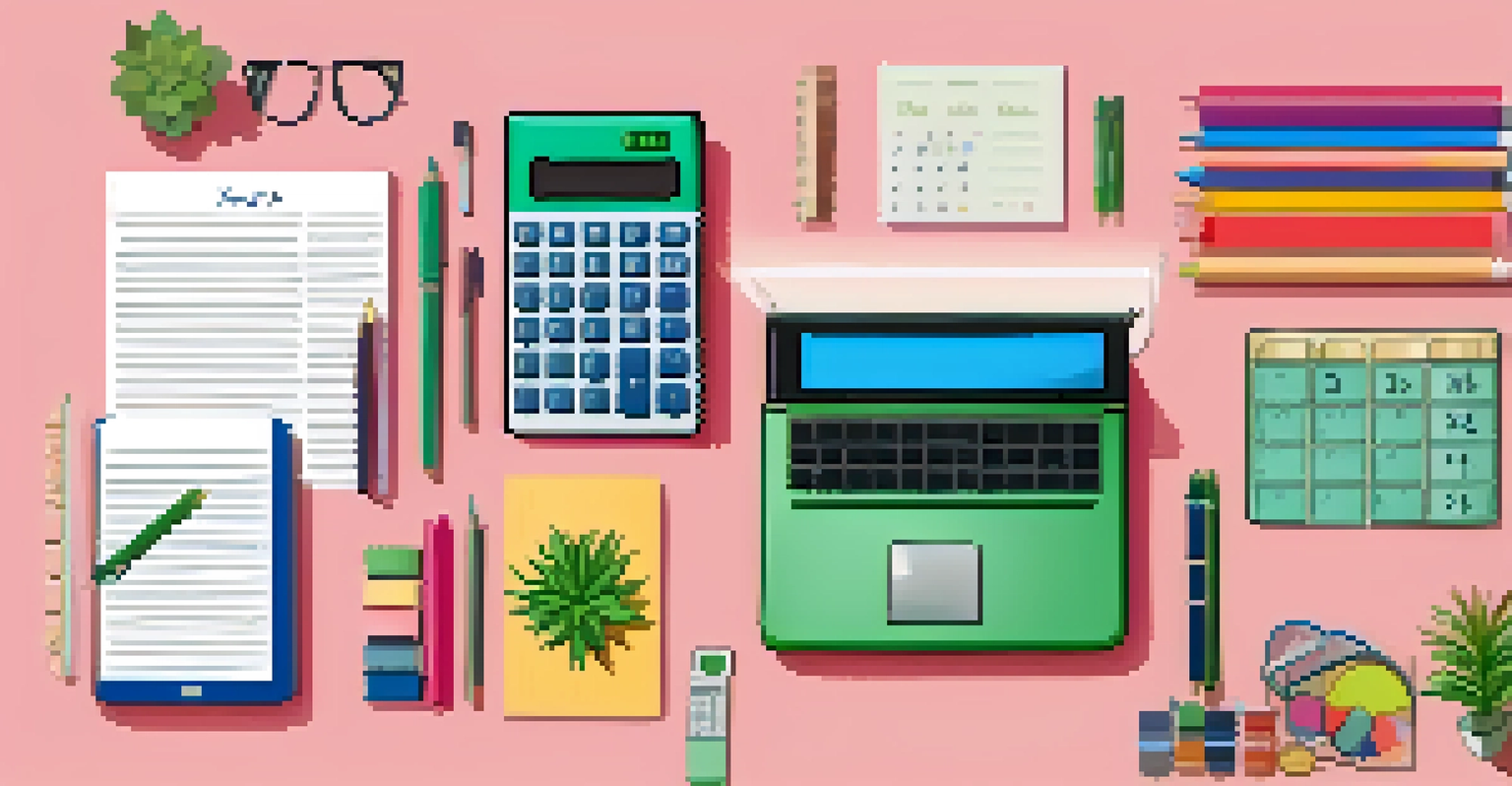 An organized financial planner with a calculator and stationery, highlighting budgeting activities.