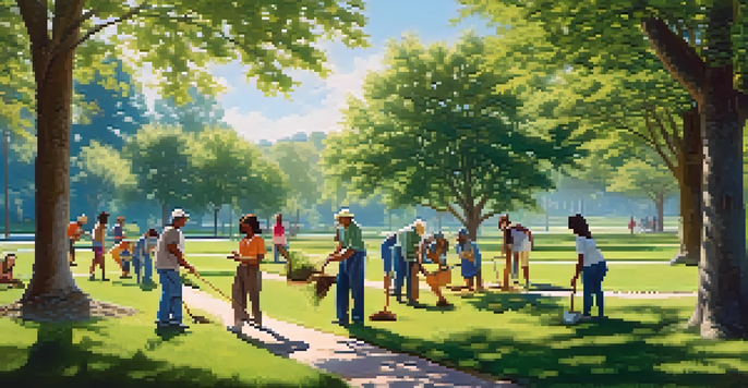 A diverse group of people planting trees in a green park, showcasing community service and philanthropy.