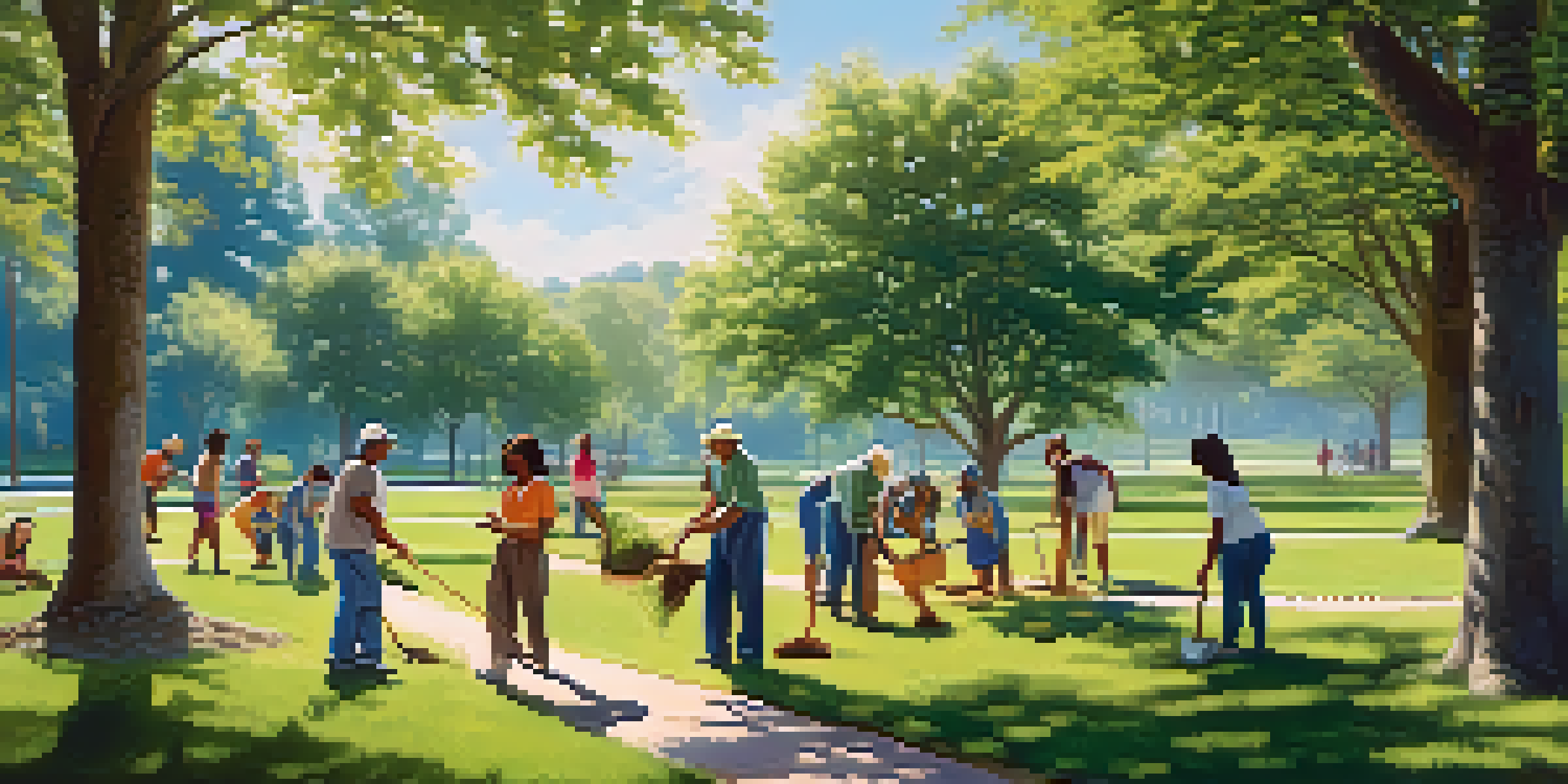 A diverse group of people planting trees in a green park, showcasing community service and philanthropy.
