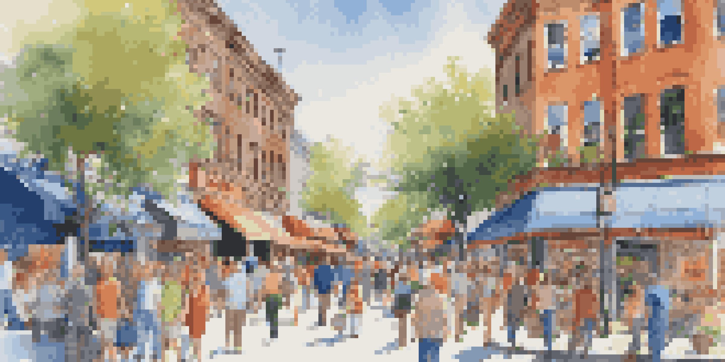 A busy retail street with colorful storefronts and people shopping.