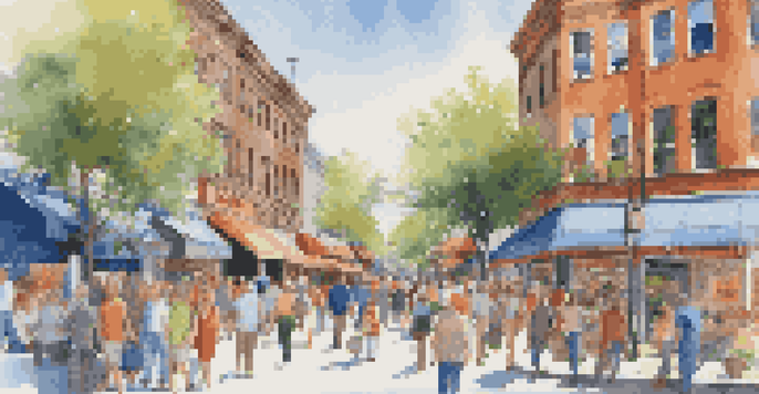 A busy retail street with colorful storefronts and people shopping.