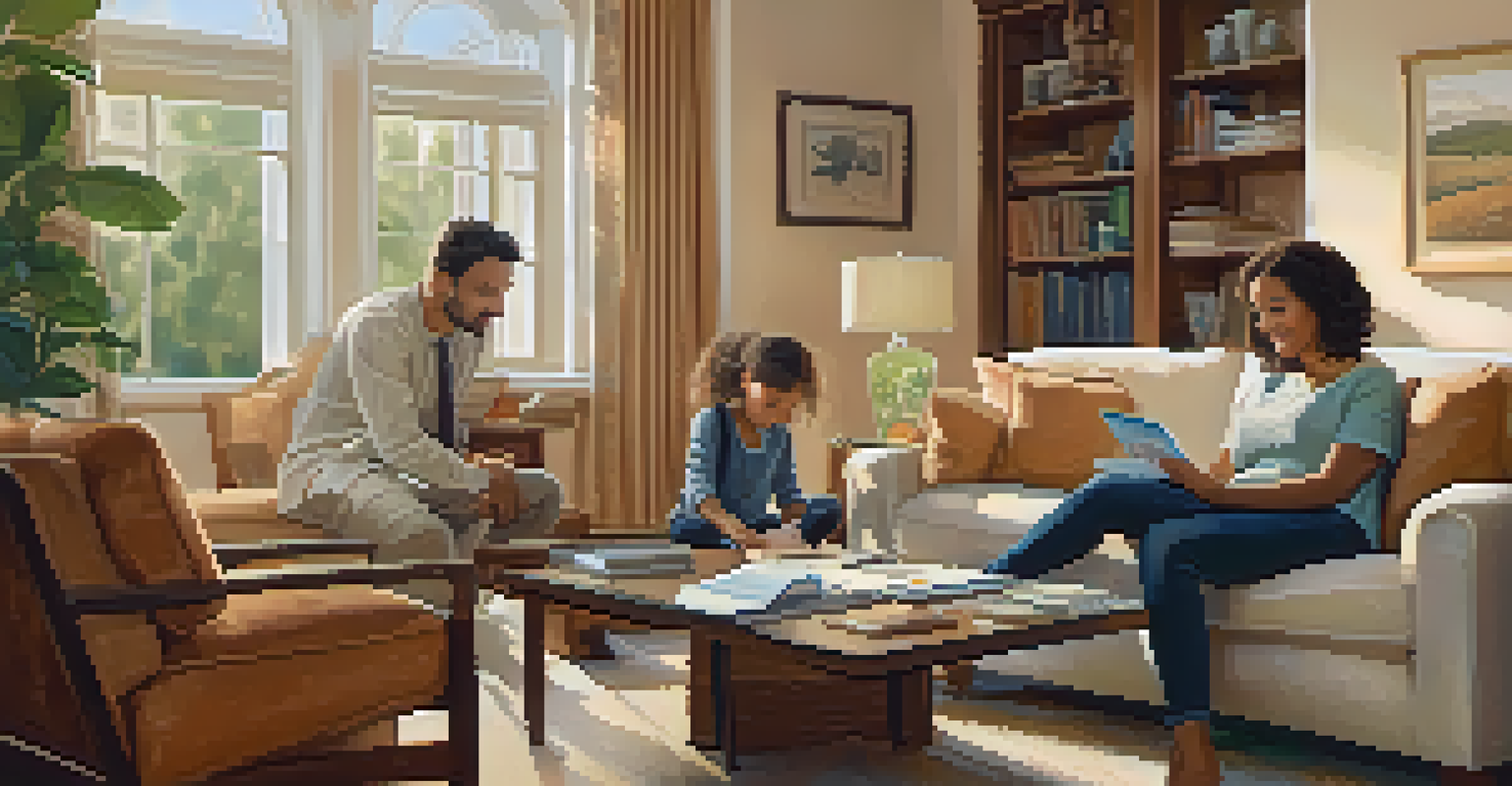 A couple discussing tax filing options in a family living room, with a child playing in the background.