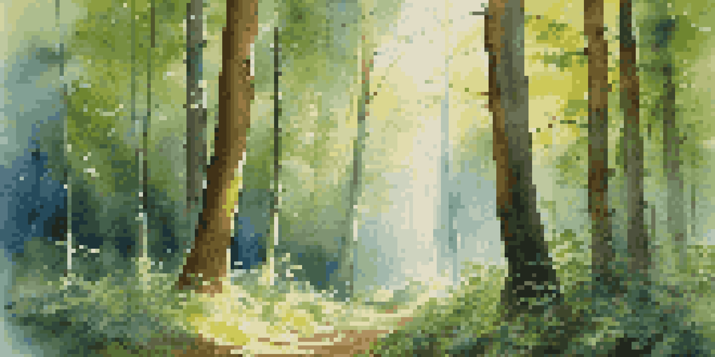 A peaceful forest with tall timber trees and sunlight shining through the leaves.
