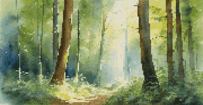 A peaceful forest with tall timber trees and sunlight shining through the leaves.