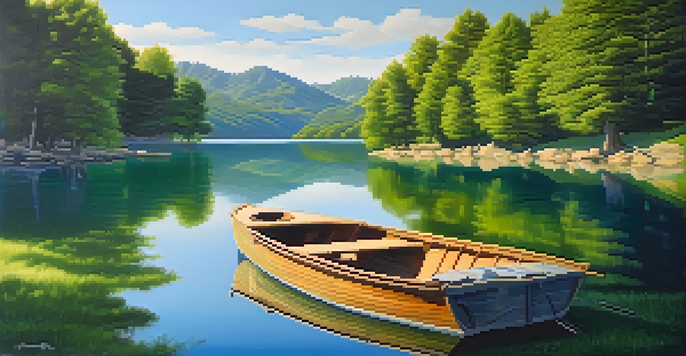 A peaceful lake scene with green mountains and a wooden boat, reflecting nature's beauty.