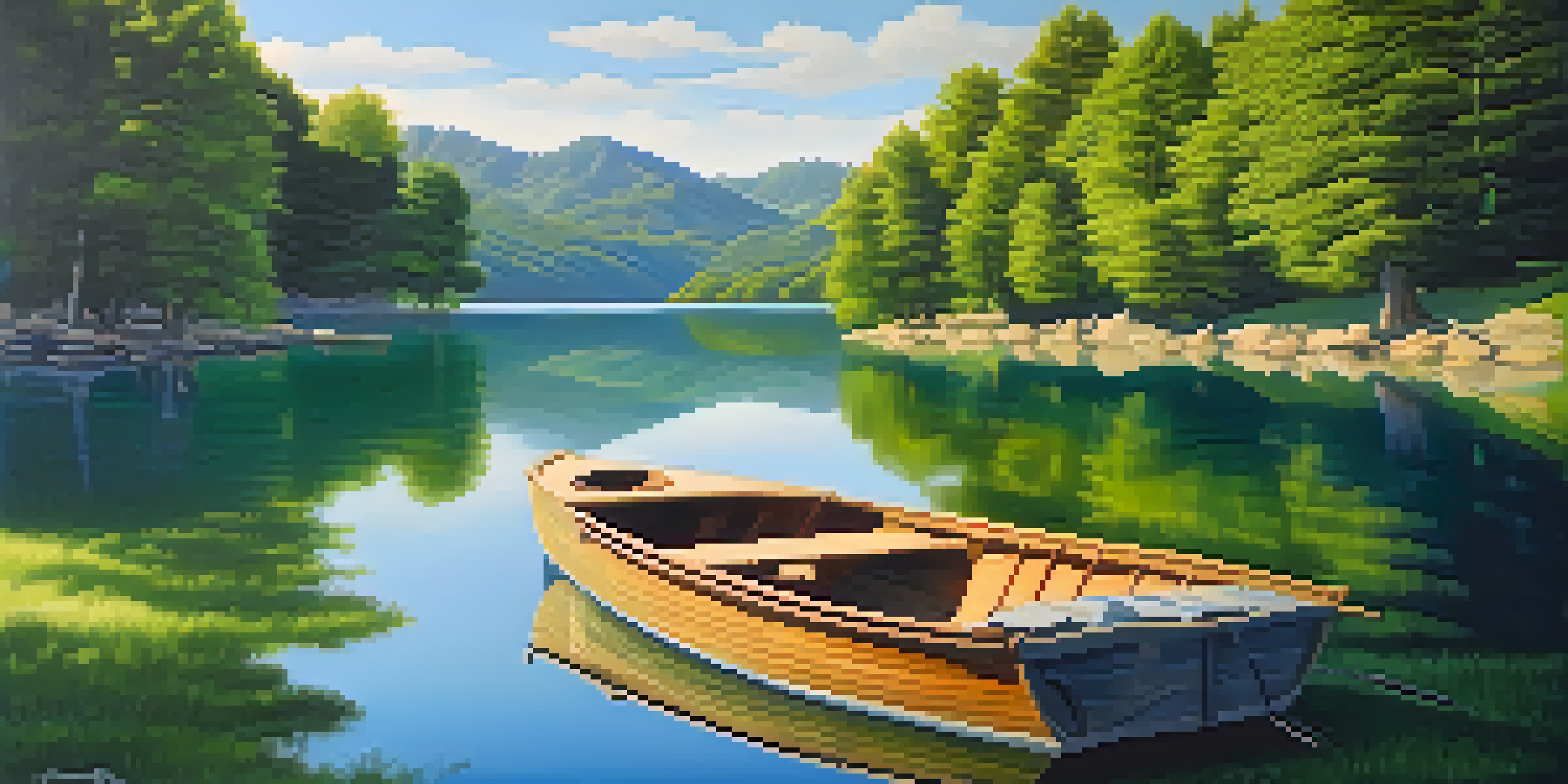A peaceful lake scene with green mountains and a wooden boat, reflecting nature's beauty.