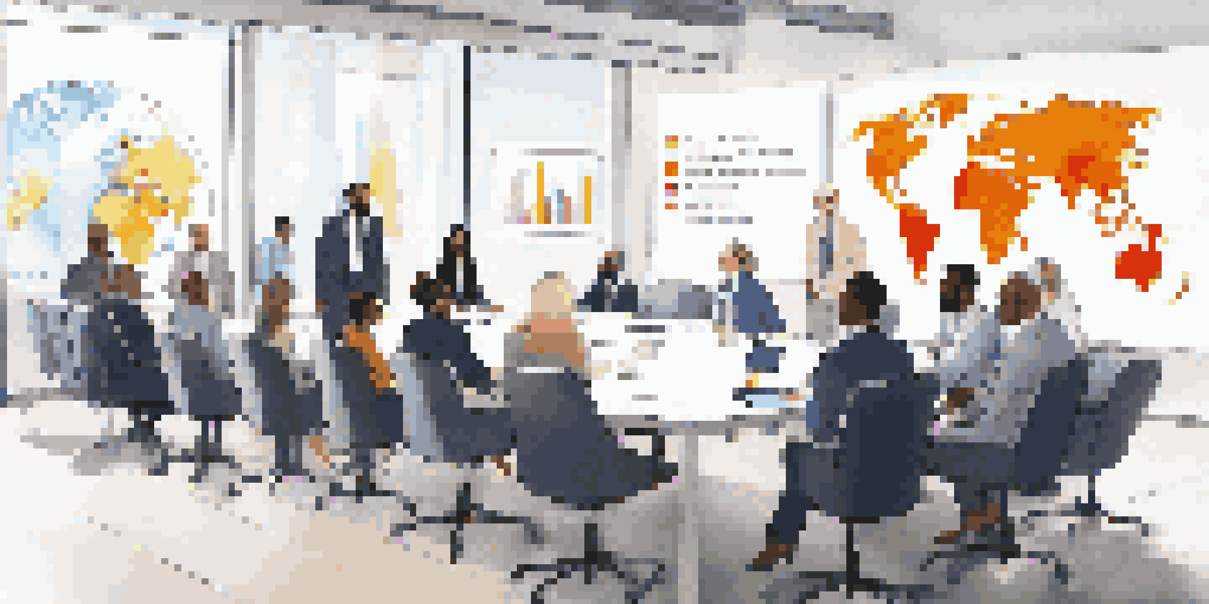 A diverse group of business professionals in a bright conference room discussing compliance statistics.