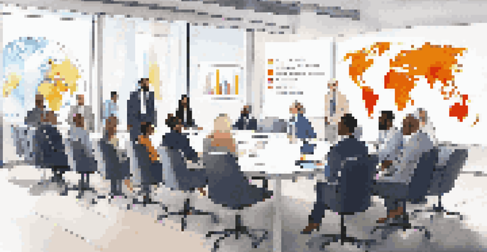 A diverse group of business professionals in a bright conference room discussing compliance statistics.