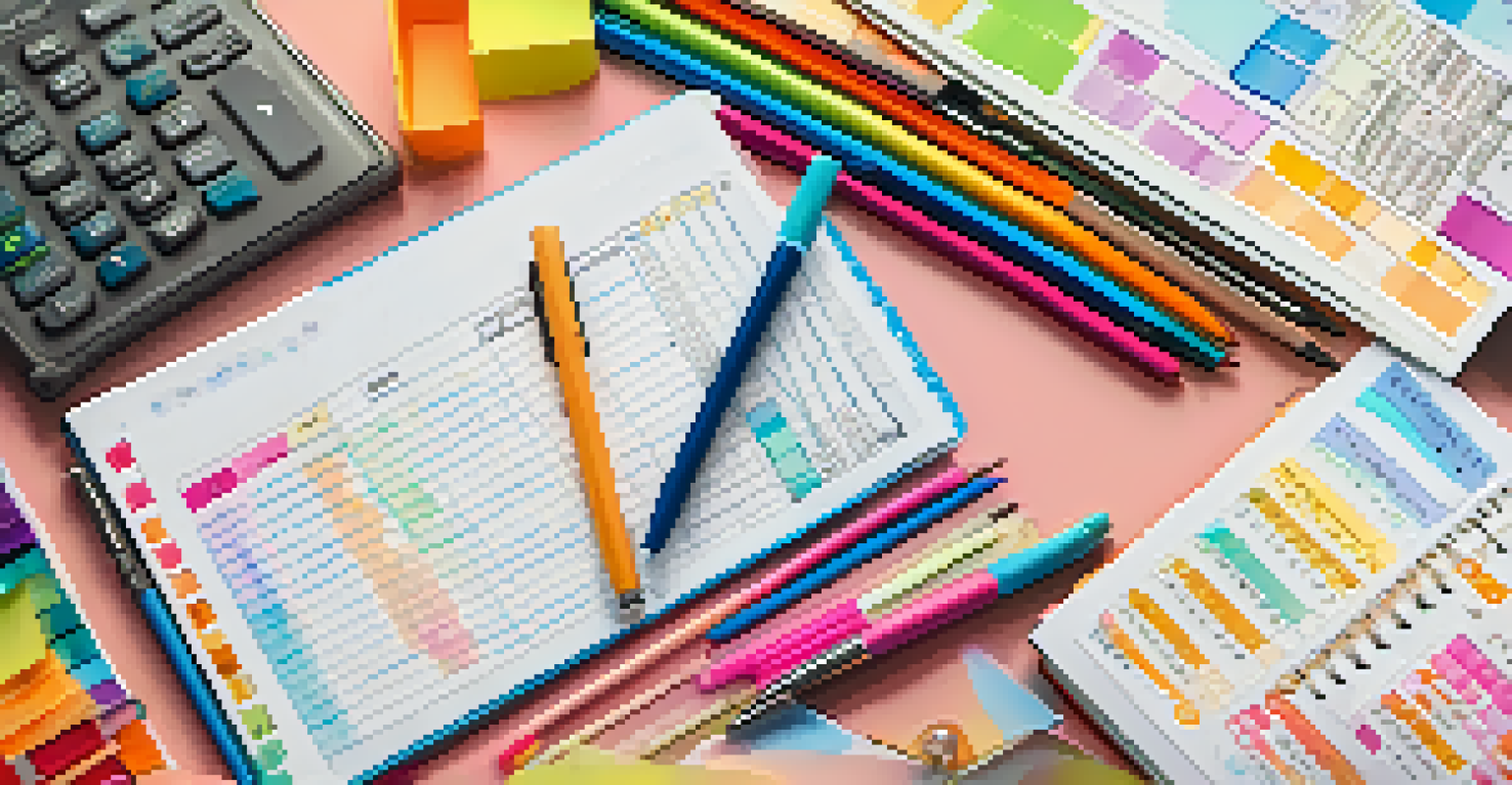 A close-up of an open budgeting planner with colorful pens and sticky notes, showcasing organized sections for finances.