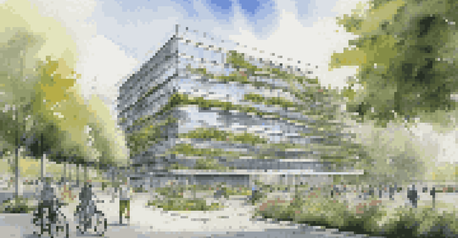 A modern office building with vertical gardens and wind turbines, surrounded by greenery and people cycling.