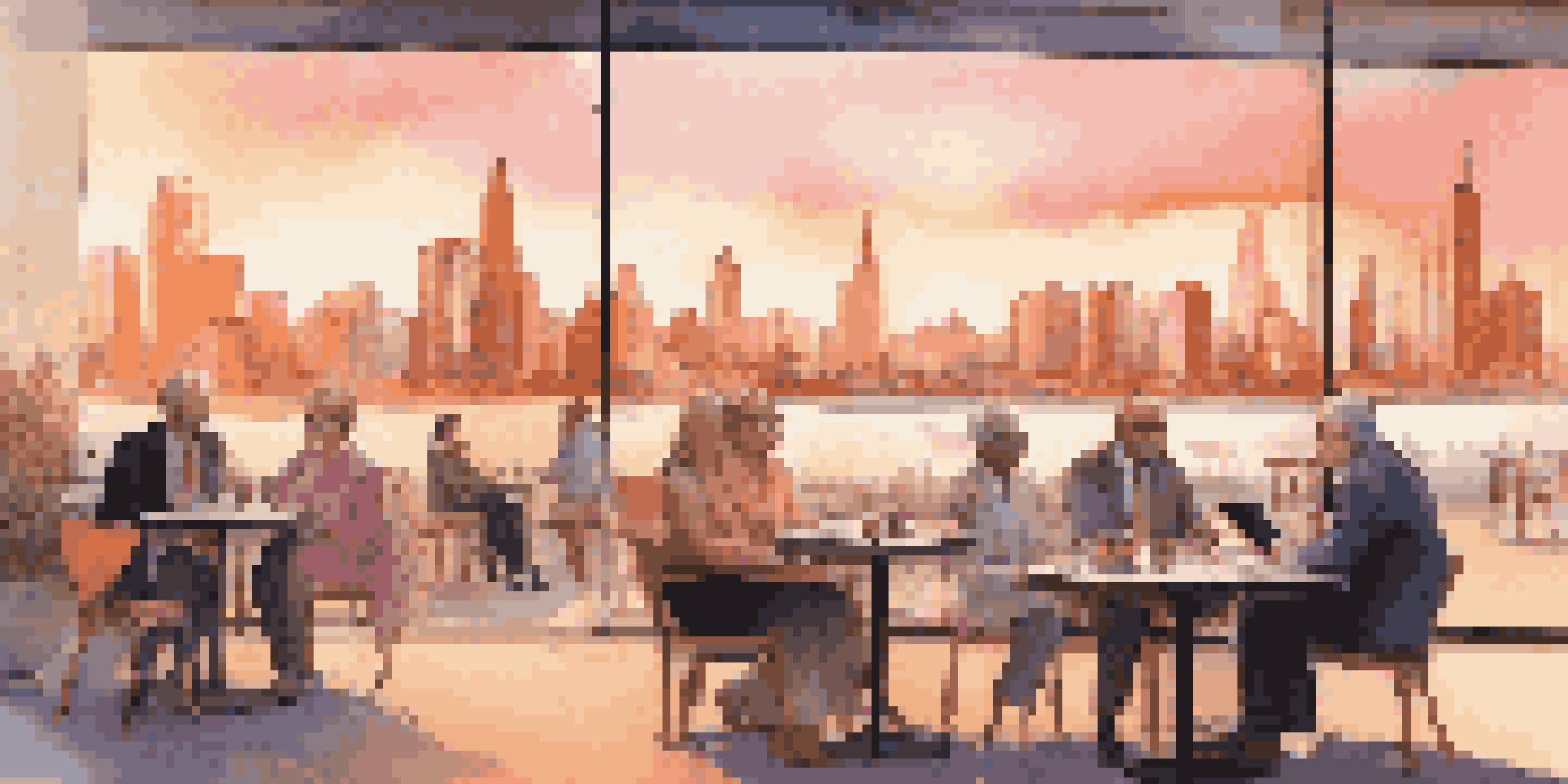 A city skyline at sunset with investors discussing strategies at a café in the foreground.