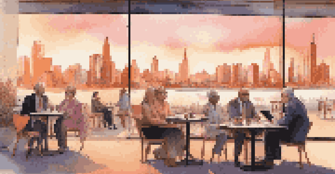 A city skyline at sunset with investors discussing strategies at a café in the foreground.