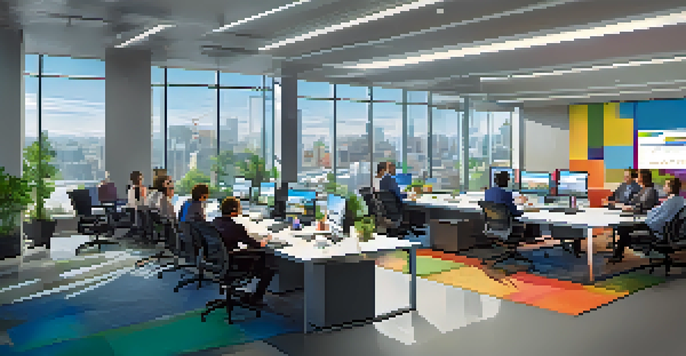A diverse team in a corporate office analyzing data on laptops and screens in a bright, modern conference room.