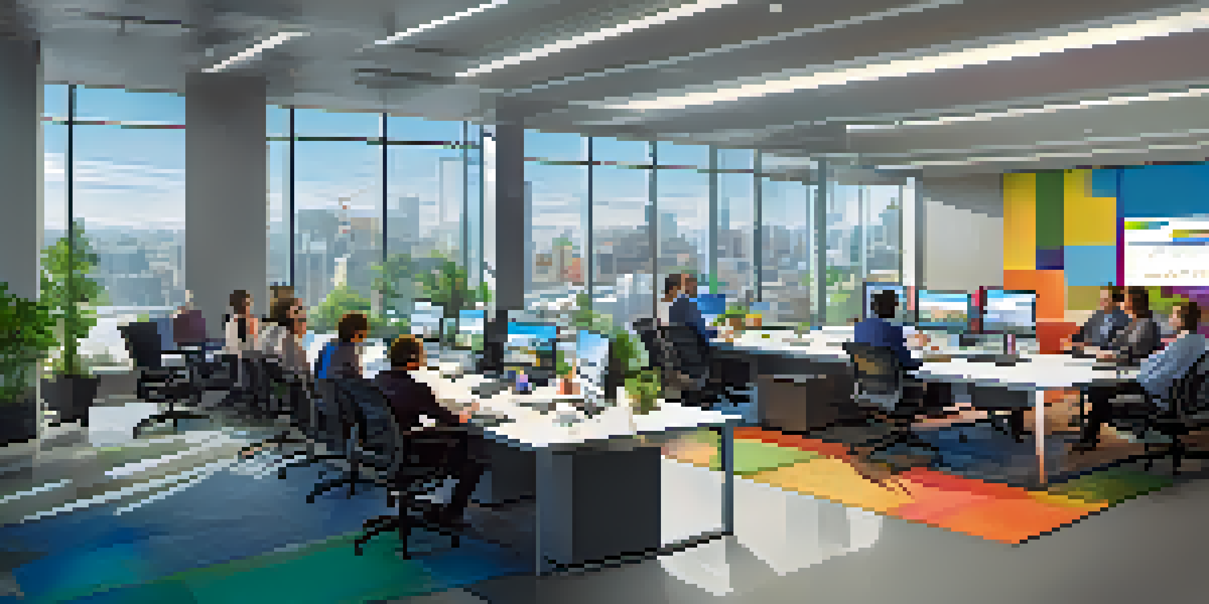 A diverse team in a corporate office analyzing data on laptops and screens in a bright, modern conference room.