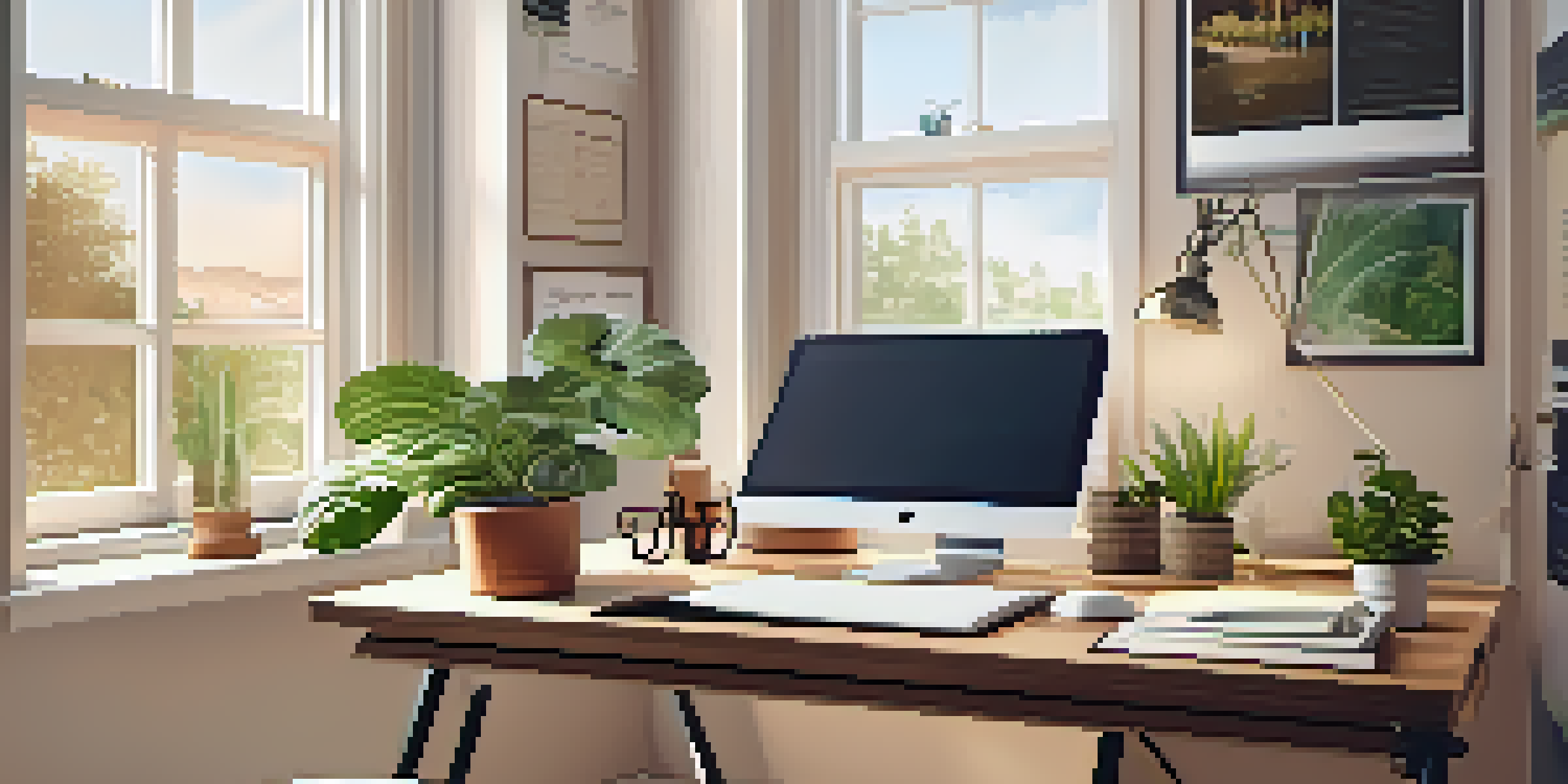 A cozy home office with a desk, laptop, and notepad, surrounded by plants and motivational quotes, all illuminated by natural light.
