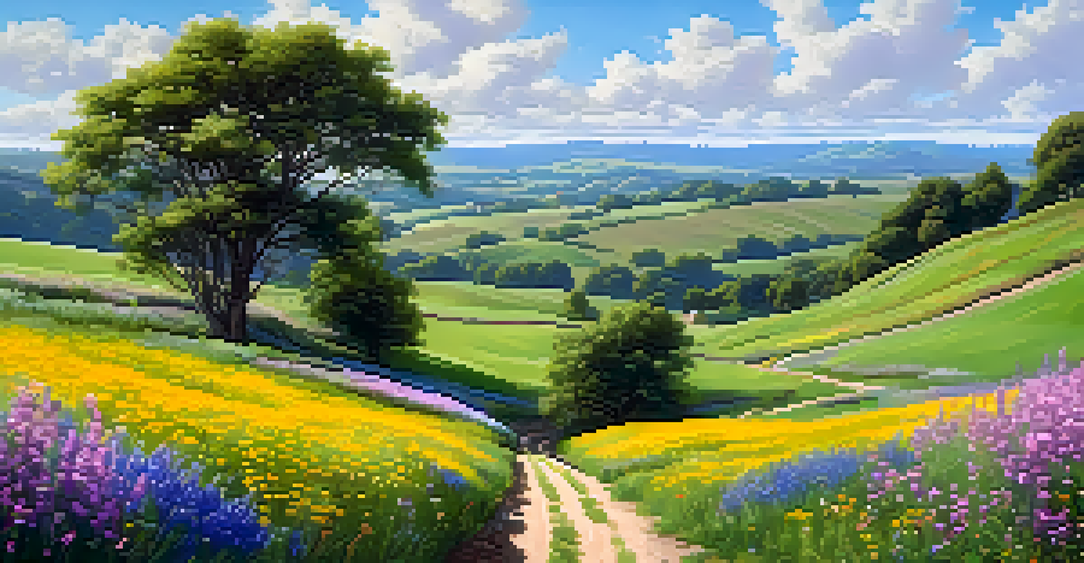 A peaceful landscape of green hills and colorful wildflowers under a clear blue sky.