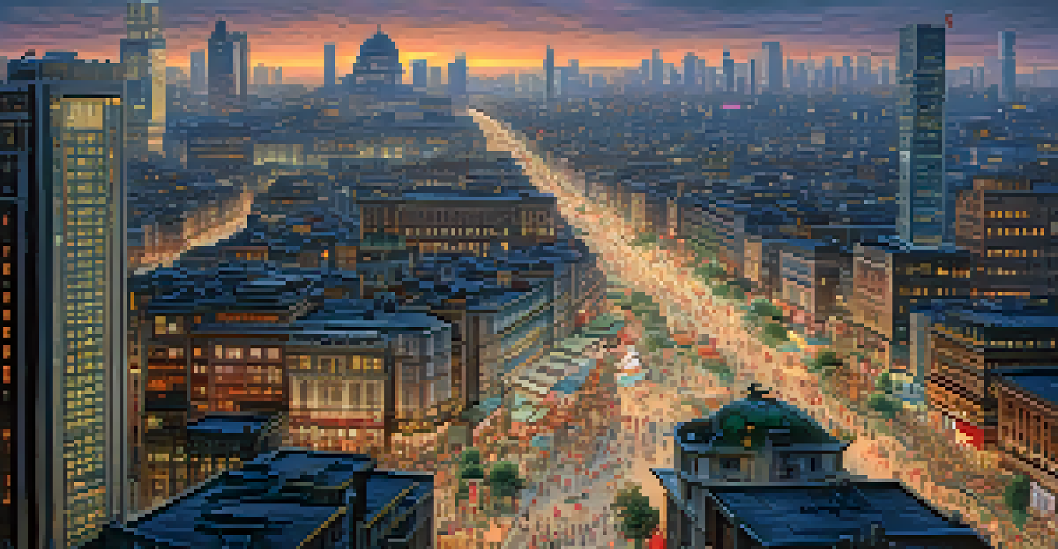 An aerial view of a foreign city with skyscrapers and traditional buildings, bustling streets lit by streetlights.