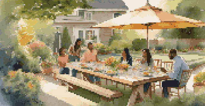 A family enjoying dinner in a well-kept backyard filled with greenery and flowers during golden hour.