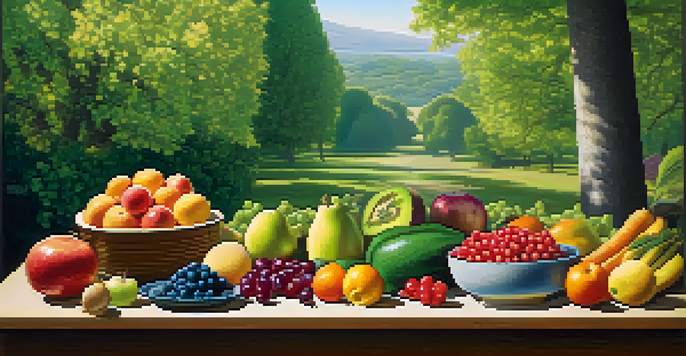 A balanced diet illustration with fruits and vegetables on one side and grains on the other, symbolizing a balanced investment portfolio.