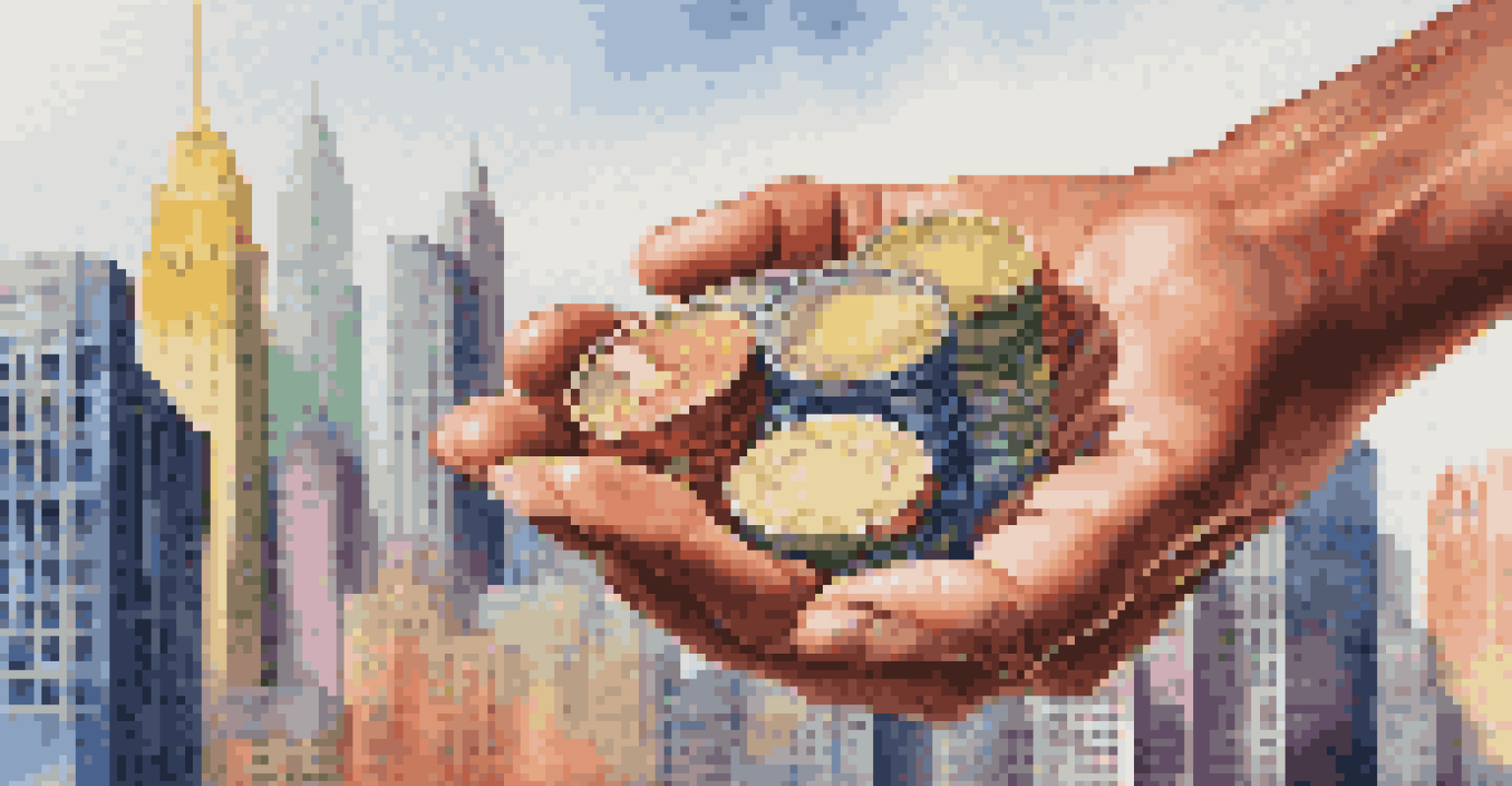 A close-up of colorful bonds held in a hand, with a blurred city skyline in the background.